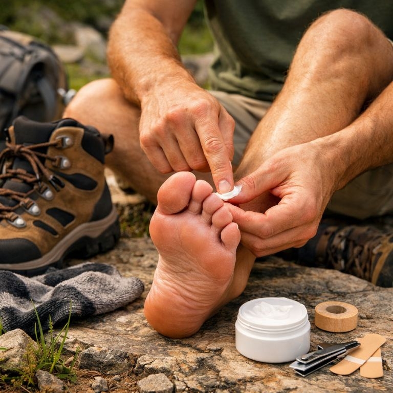 Persona cuidando sus pies después de una ruta de senderismo